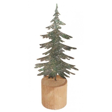 CENTRE DE TABLE SAPIN VERT ET OR SUR SOCLE EN BOIS 10.5 X 6 X 24 CM