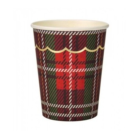 8 GOBELETS ROUGES TARTAN FESTONNEES OR 200 ML