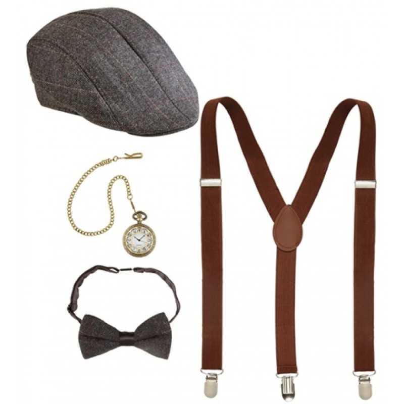 SET ANNEES 20 HOMME CASQUETTE+ BRETELLES+ MONTRE+ NOEUD