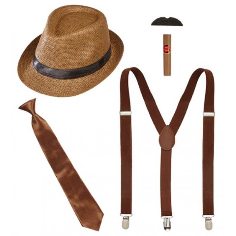 SET ANNEES 20 HOMME CHAPEAU+ CRAVATE+ BRETELLES+ CIGARE+ MOUSTACHES SET ANNEES 20 HOMME CHAPEAU+ CRAVATE+ BRETELLES+ CIGARE+ MOUSTACHES