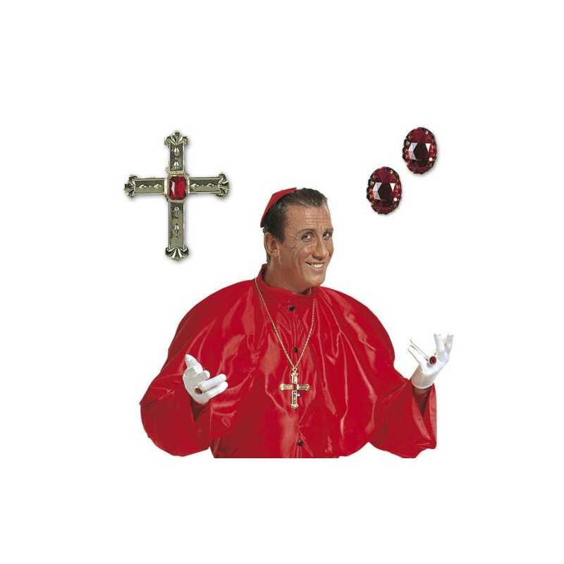 SET BIJOUX DE CARDINAL CROIX + 2 BAGUES PIERRE ROUGE