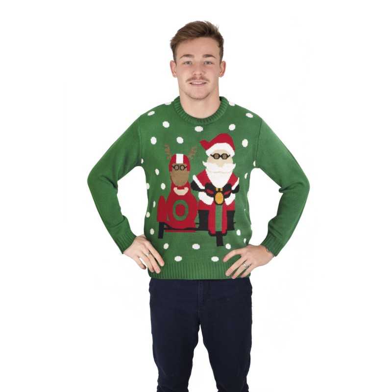 PULL DE NOEL ADULTE VERT AVEC PERE NOEL MOTARD TAILLE S