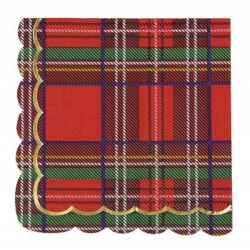 16 SERVIETTES FESTONNEES TARTAN ROUGE ET OR 33 X 33 CM