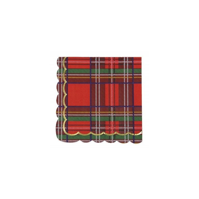 16 SERVIETTES FESTONNEES TARTAN ROUGE ET OR 33 X 33 CM