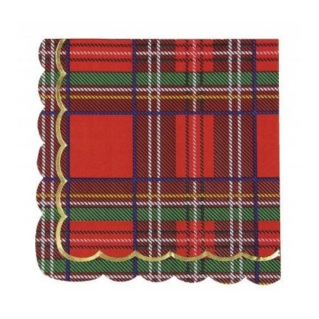 16 SERVIETTES FESTONNEES TARTAN ROUGE ET OR 33 X 33 CM