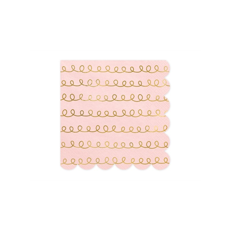 20 SERVIETTES FESTONNEES ROSE PASTEL ET OR 33 X 33 CM