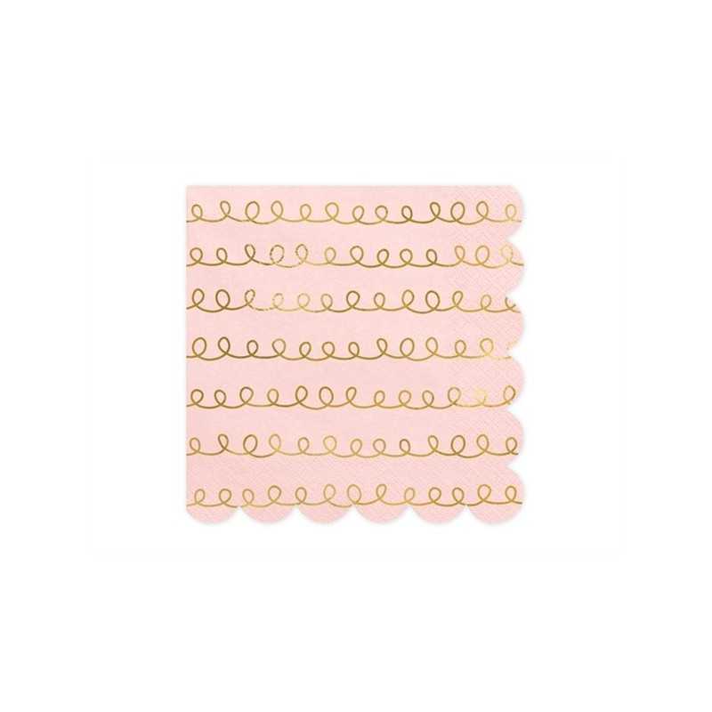20 SERVIETTES FESTONNEES ROSE PASTEL ET OR 33 X 33 CM