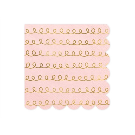 20 SERVIETTES FESTONNEES ROSE PASTEL ET OR 33 X 33 CM