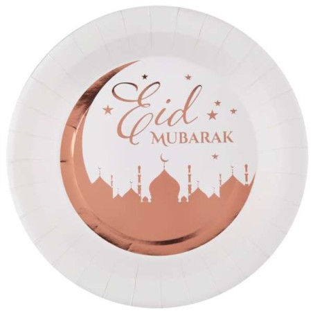 10 ASSIETTES  BLANCHE EID MUBARAK ROSE GOLD 22.5 CM