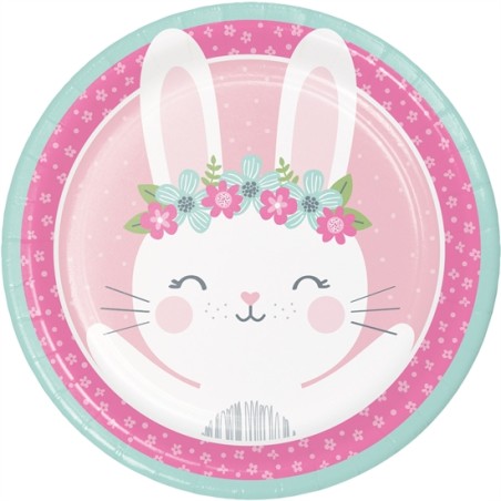 8 ASSIETTES PETIT LAPIN FLEURS ROSE ET MENTHE 23 CM