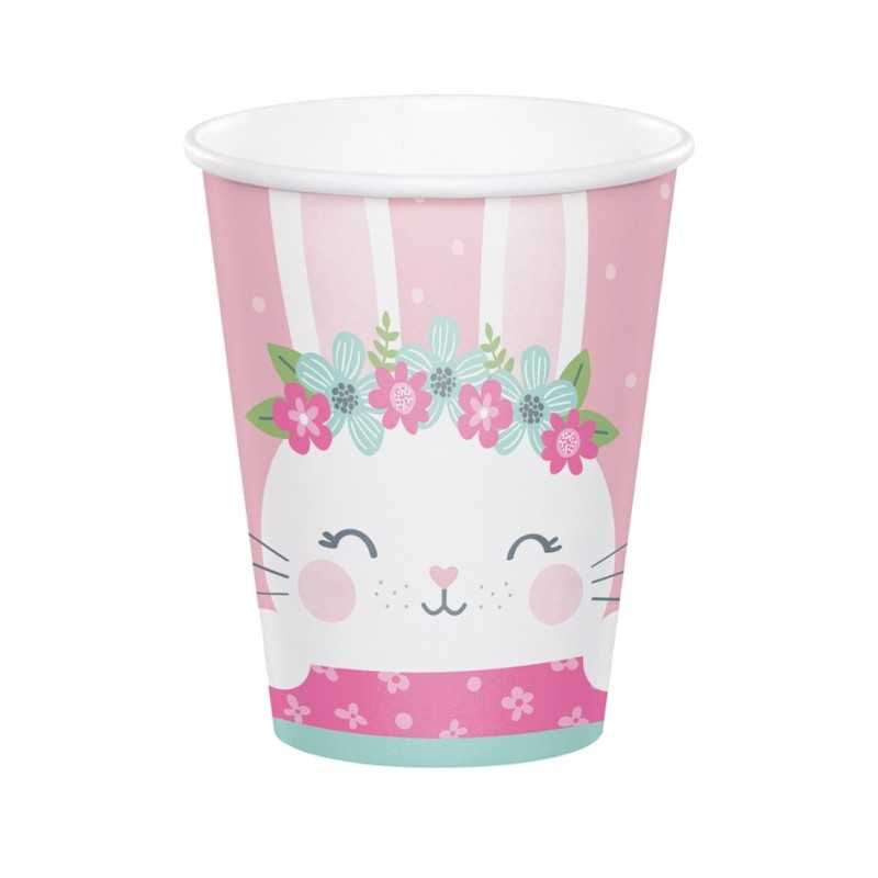 8 GOBELETS PETIT LAPIN FLEURS ROSE ET MENTHE 23 CM