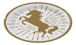 10 ASSIETTES RONDES LICORNE BLANCHE ET OR BIODEGRADABLES 23 CM 