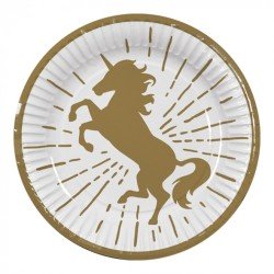 10 ASSIETTES RONDES LICORNE BLANCHE ET OR BIODEGRADABLES 23 CM 