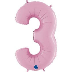 BALLON METALLIQUE CHIFFRE 3 ROSE PASTEL 36 CM