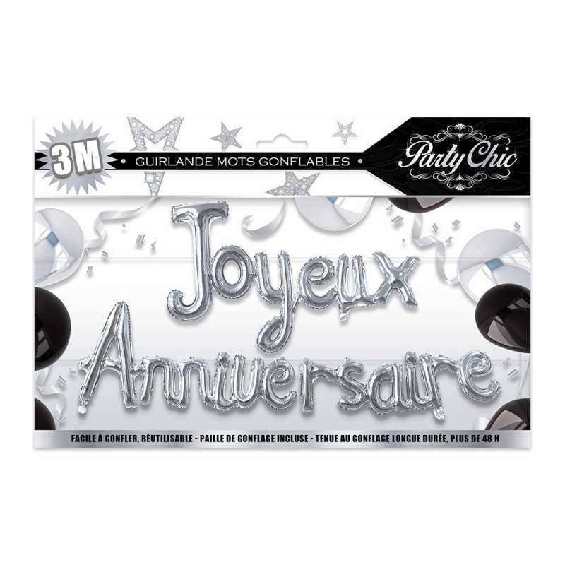GUIRLANDE BALLON JOYEUX ANNIVERSAIRE ARGENT 3 METRES 