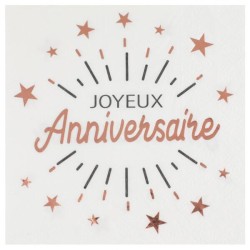 10 SERVIETTES BLANCHES  JOYEUX ANNIVERSAIRE NOIR ET ROSE GOLD 33 X 33 CM 