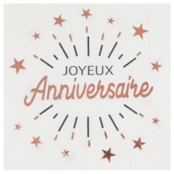10 SERVIETTES BLANCHES JOYEUX ANNIVERSAIRE NOIR ET ROSE GOLD 33 X 33 CM 