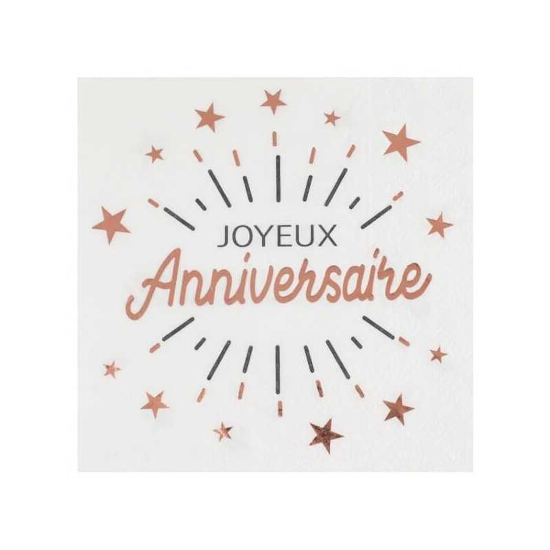 10 SERVIETTES BLANCHES JOYEUX ANNIVERSAIRE NOIR ET ROSE GOLD 33 X 33 CM 