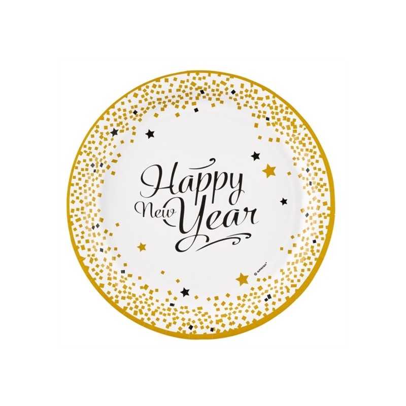 8 ASSIETTES ECO HAPPY NEW YEAR OR ET BLANC 23 CM 