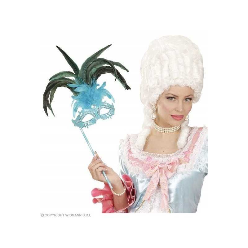 MASQUE LOUP FACE A MAIN BLEU TURQUOISE STRASS ET PLUME