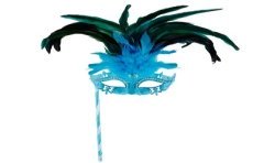 MASQUE LOUP FACE A MAIN BLEU TURQUOISE STRASS ET PLUME