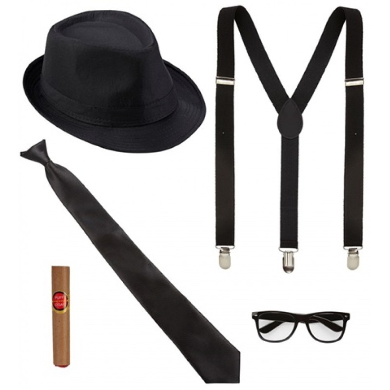 SET ANNEES 20 HOMME CHAPEAU+ CRAVATE+ BRETELLES+ CIGARE+ MOUSTACHES