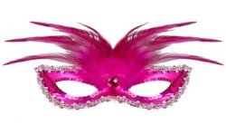 DEMI-MASQUE LOUP BARONNE ROSE AVEC PIERRE, PLUMES ET PERLE