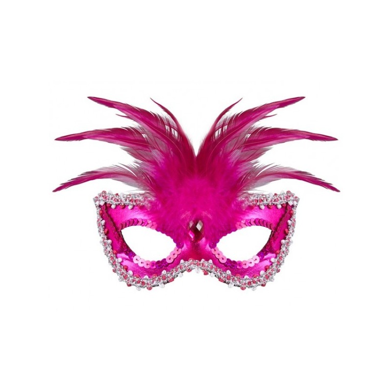 DEMI-MASQUE LOUP BARONNE ROSE AVEC PIERRE, PLUMES  ET PERLE