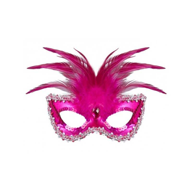 DEMI-MASQUE LOUP BARONNE ROSE AVEC PIERRE, PLUMES ET PERLE
