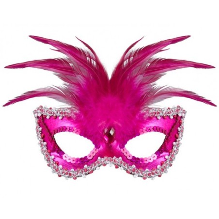 DEMI-MASQUE LOUP BARONNE ROSE AVEC PIERRE, PLUMES  ET PERLE