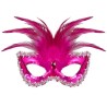 DEMI-MASQUE LOUP BARONNE ROSE AVEC PIERRE, PLUMES  ET PERLE