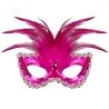DEMI-MASQUE LOUP BARONNE ROSE AVEC PIERRE, PLUMES ET PERLE