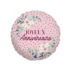 BALLON METALLIQUE ROND JOYEUX ANNIVERSAIRE ROSE FLEURS 46 CM 