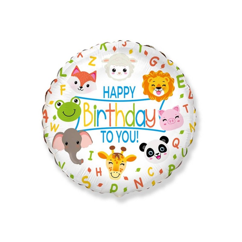 BALLON METALLIQUE ROND HAPPY BIRTHDAY TO YOU ANIMAUX DE LA JUNGLE 45 CM 