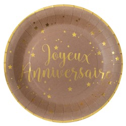 10 ASSIETTES RONDES KRAFT JOYEUX ANNIVERSAIRE OR 23 CM