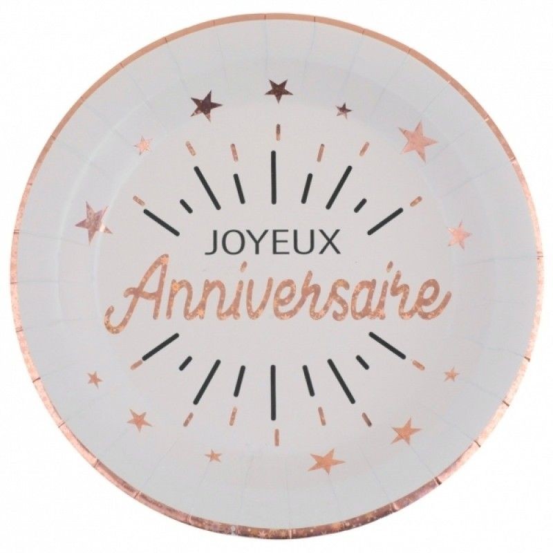 10 ASSIETTES RONDES BLANC JOYEUX ANNIVERSAIRE ROSE GOLD ET NOIR 23 CM