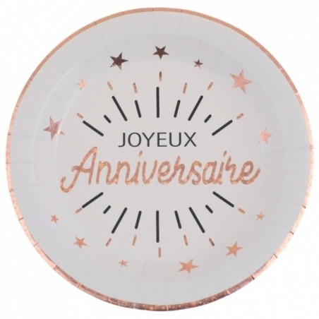 10 ASSIETTES RONDES BLANC JOYEUX ANNIVERSAIRE ROSE GOLD ET NOIR 23 CM