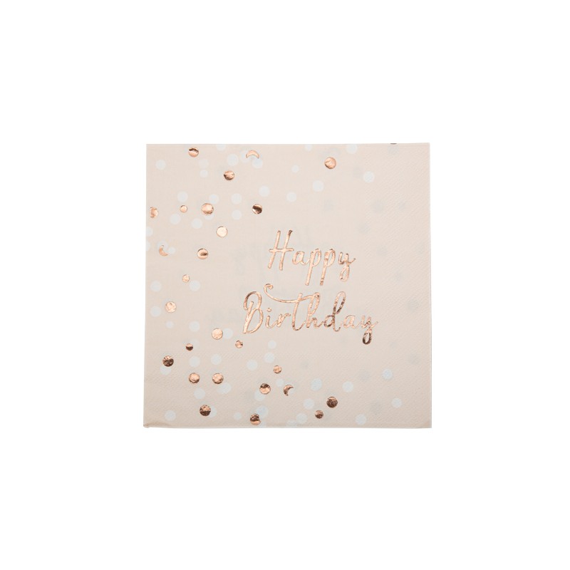 16 SERVIETTES HAPPY BIRTHDAY ROSE ET ROSE GOLD 33 X 33 CM 