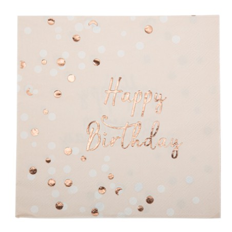 16 SERVIETTES HAPPY BIRTHDAY ROSE ET ROSE GOLD 33 X 33 CM 