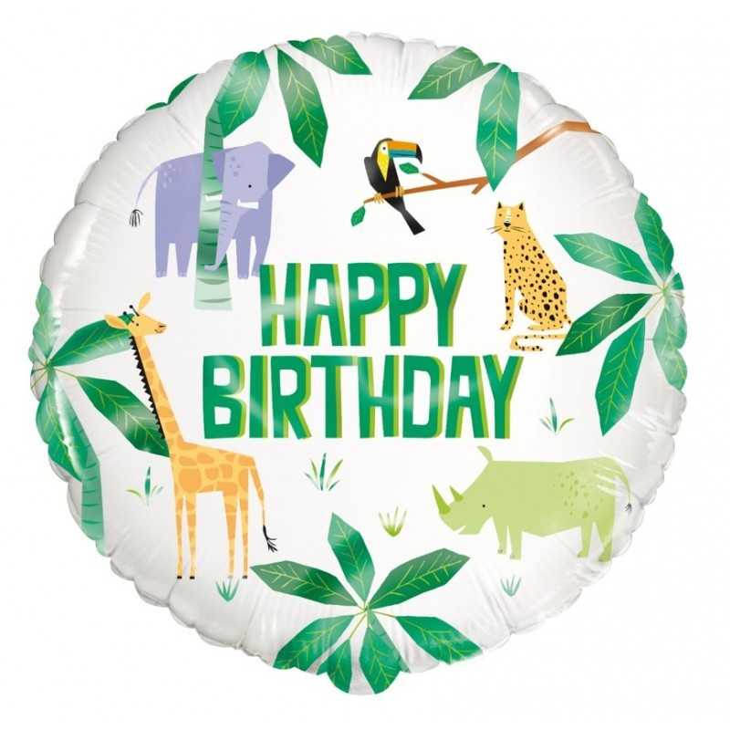 BALLON METALLIQUE ROND HAPPY BIRTHDAY ANIMAUX DE LA JUNGLE 45.7 CM