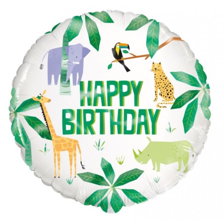 BALLON METALLIQUE ROND HAPPY BIRTHDAY ANIMAUX DE LA JUNGLE 45.7 CM 