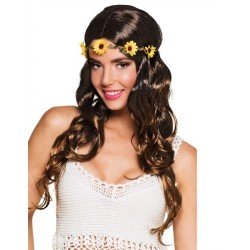 PERRUQUE LONGUE MARRON AVEC BANDEAU FLEURS FEMME 