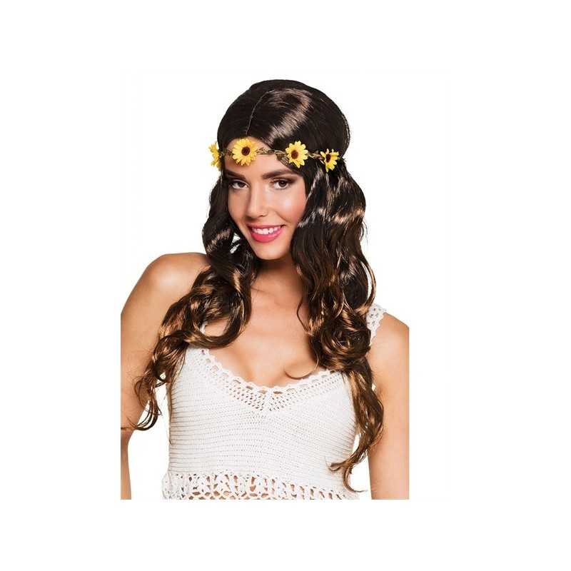 PERRUQUE LONGUE MARRON AVEC BANDEAU FLEURS FEMME 