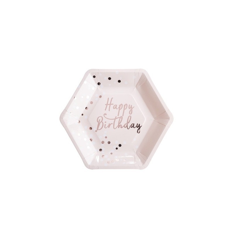 8 ASSIETTES ROSE ET CONFETTIS OR  HAPPY BIRTHDAY 23 CM  8 ASSIETTES ROSE ET CONFETTIS OR  HAPPY BIRTHDAY 23 CM