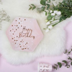 8 ASSIETTES ROSE ET CONFETTIS OR  HAPPY BIRTHDAY 23 CM 