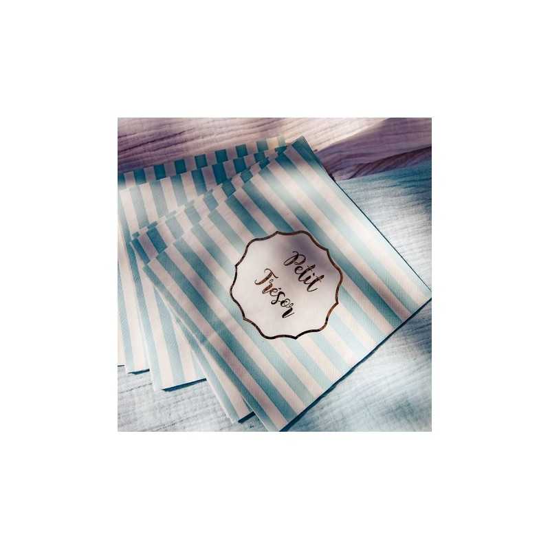 16 SERVIETTES RAYEE BLEU CIEL ET BLANC PETIT TRESOR 33 X 33 CM 