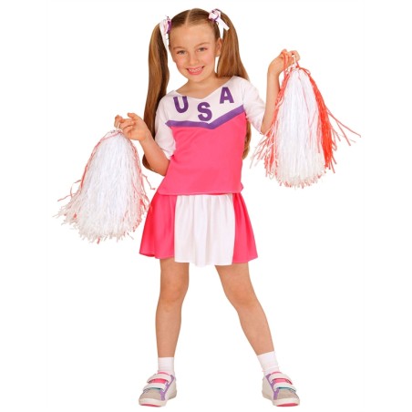 DEGUISEMENT ENFANT POMPOM GIRL ROSE ET BLANC USA TAILLE 128 CM 