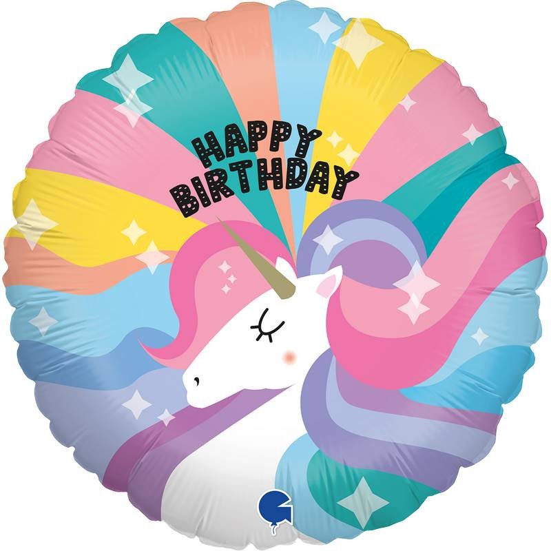 BALLON METALLIQUE ROND LICORNE HAPPY BIRTHDAY PASTEL 23 CM 