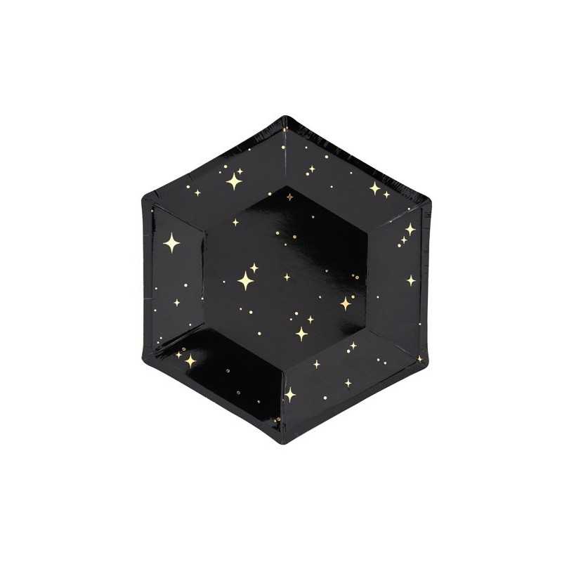 6 ASSIETTES HEXAGONALES NOIRES ET OR 20 CM