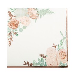 16 SERVIETTES BLANCHES, ROSES VEGETAL ROSE GOLD 33 X 33 CM 